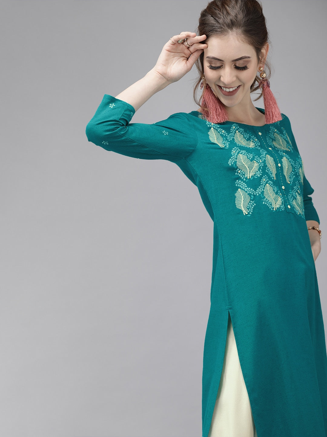 Turquoise Blue & Cream Kurta Set-Yufta Store-7195SETRGS