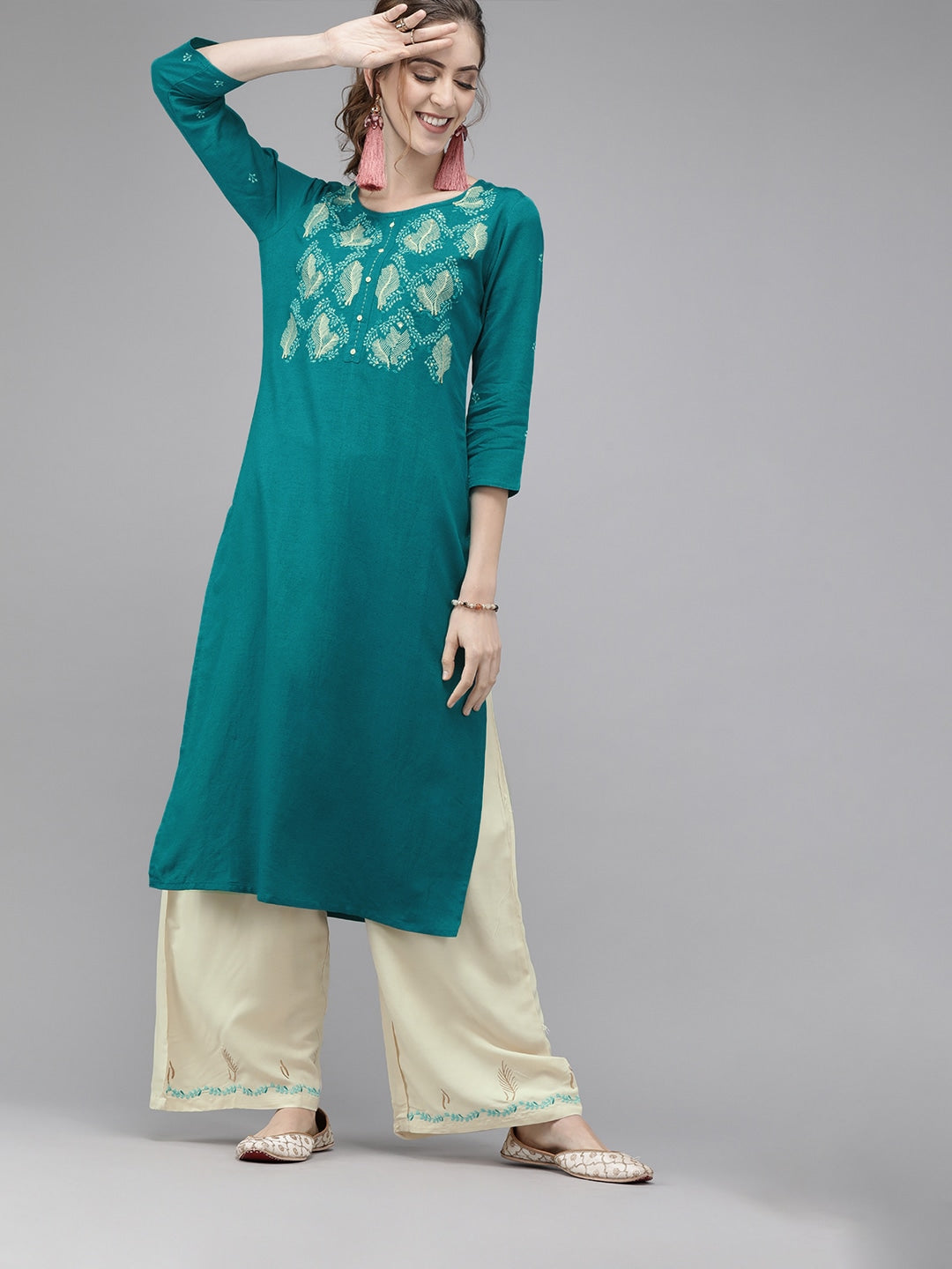 Turquoise Blue & Cream Kurta Set-Yufta Store-7195SETRGS