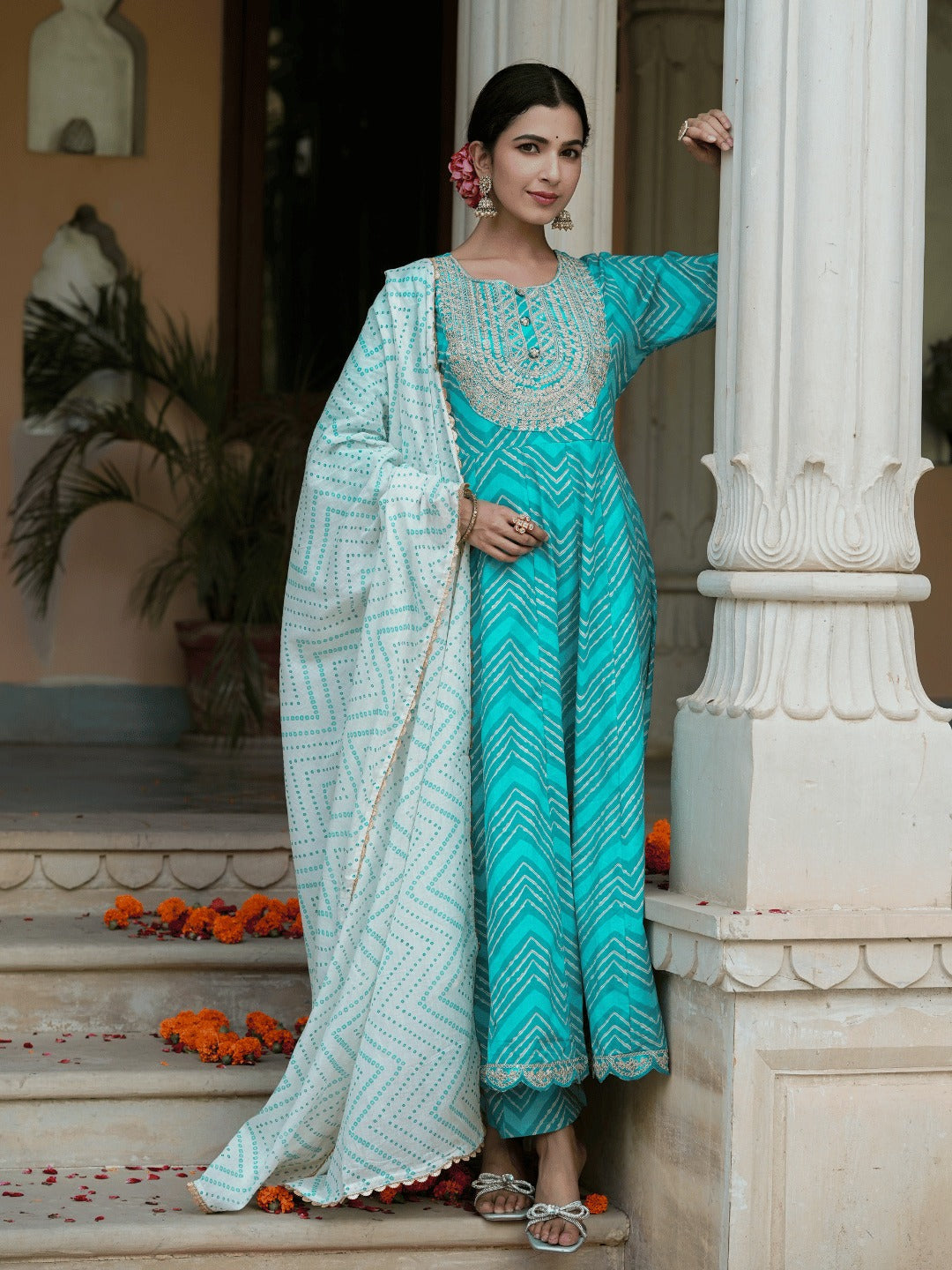 Turquoise Blue Dori_Embroidery Kurta with Trouser & Dupatta-Yufta Store-1471SKDBLS