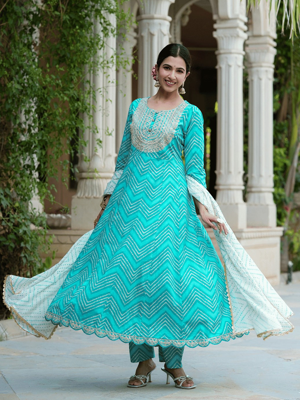 Turquoise Blue Dori_Embroidery Kurta with Trouser & Dupatta-Yufta Store-1471SKDBLS