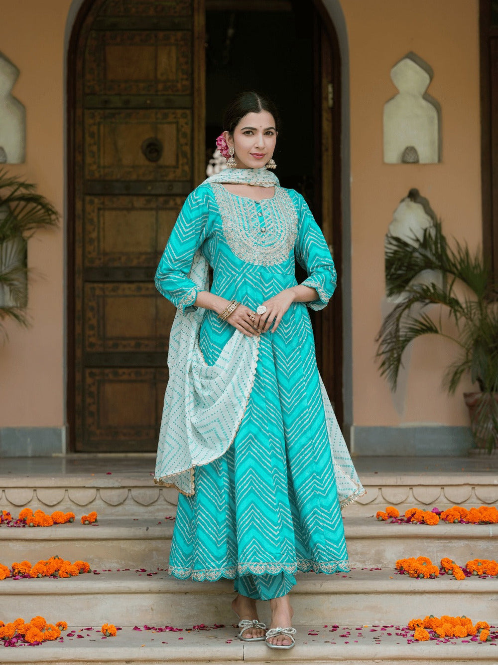 Turquoise Blue Dori_Embroidery Kurta with Trouser & Dupatta-Yufta Store-1471SKDBLS