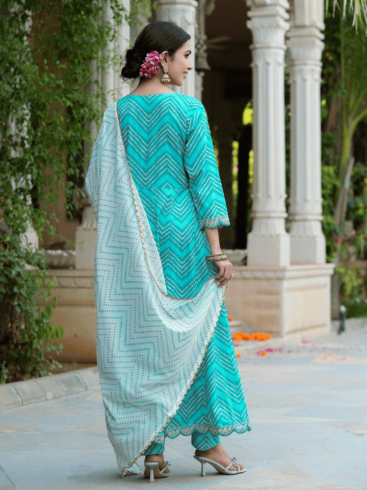 Turquoise Blue Dori_Embroidery Kurta with Trouser & Dupatta-Yufta Store-1471SKDBLS