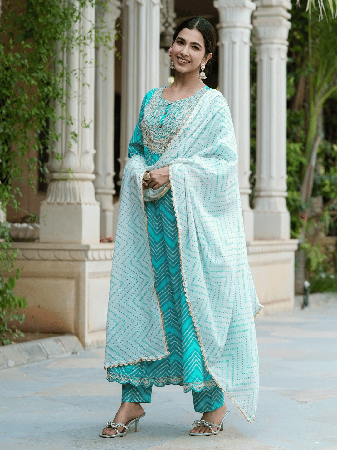 Turquoise Blue Dori_Embroidery Kurta with Trouser & Dupatta-Yufta Store-1471SKDBLS