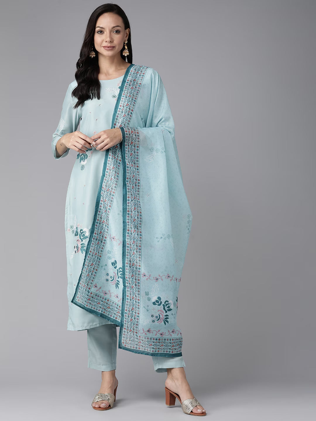 Turquoise Blue Floral Embroidered Silk Dupatta Set