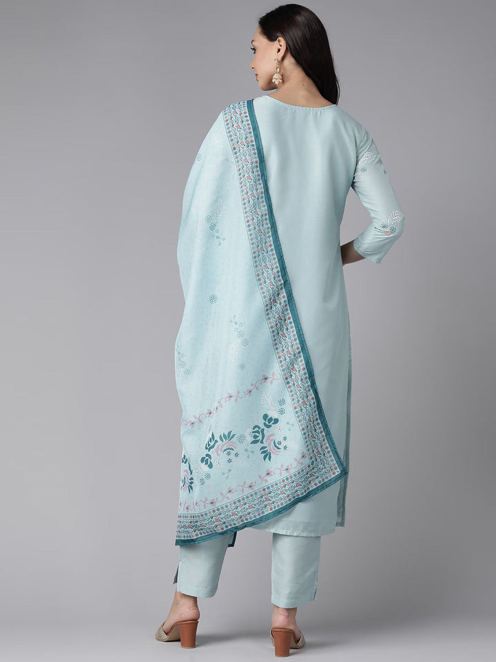 Turquoise Blue Floral Embroidered Silk Dupatta Set