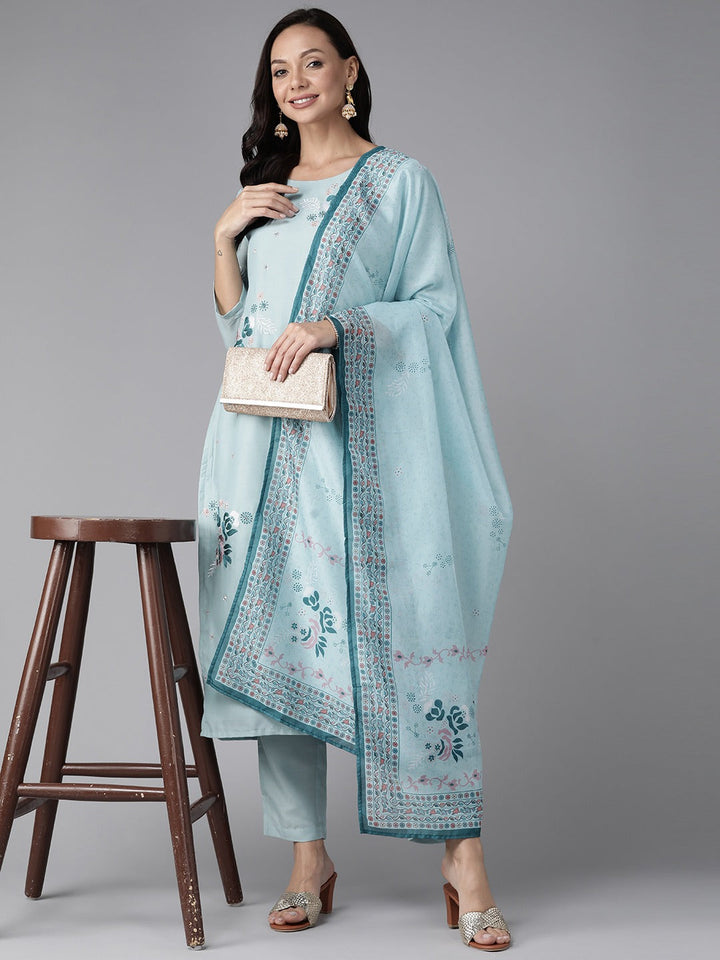 Turquoise Blue Floral Embroidered Silk Dupatta Set-Yufta Store-1223SKDBLS