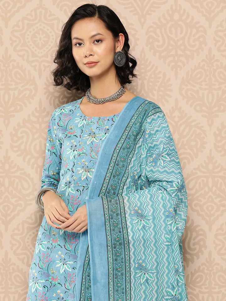 Turquoise Blue Floral Printed A-line Shape Cotton Kurta Dupatta Set-Yufta Store-1232SKDBLS