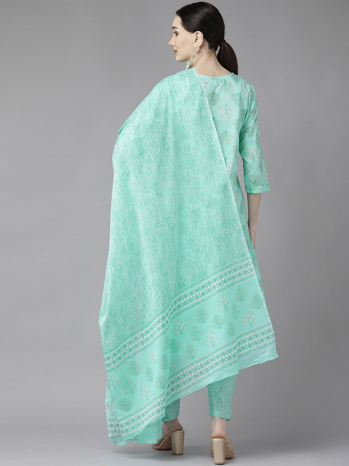 Turquoise Blue Print Cotton Dupatta Set-Yufta Store-4773SKDSBM