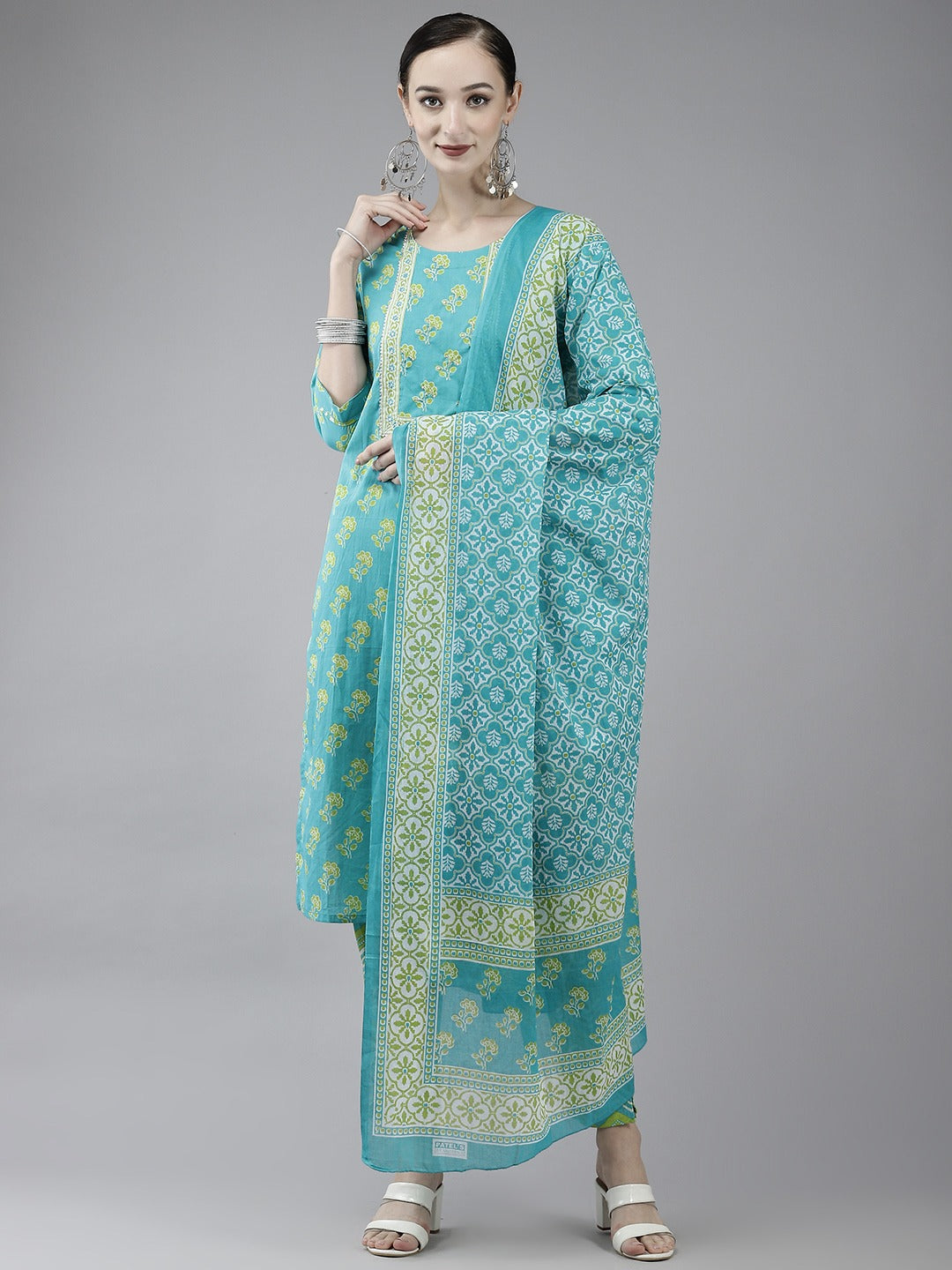 Turquoise Blue Printed Cotton Dupatta Set-Yufta Store-4779SKDSBM