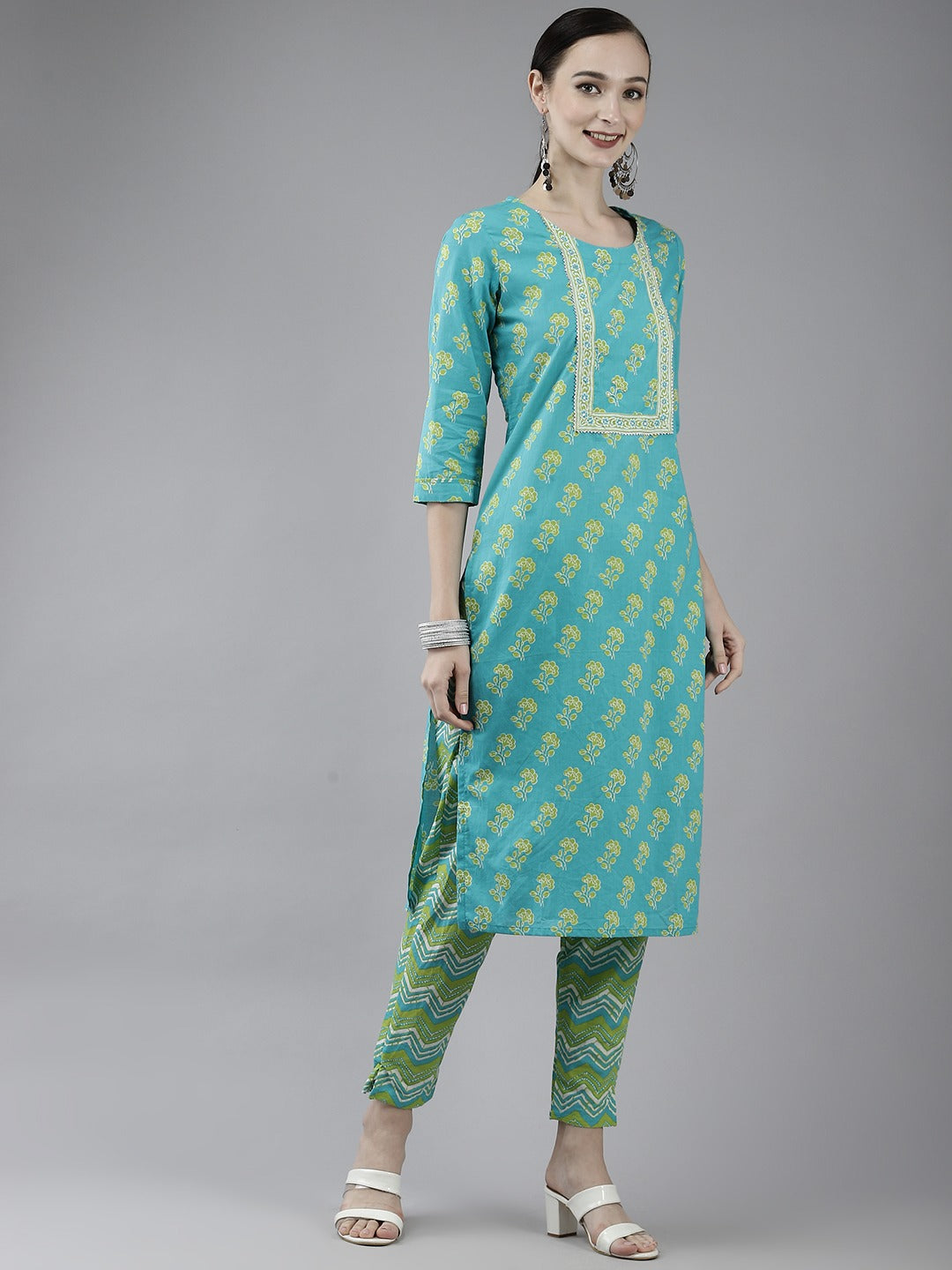 Turquoise Blue Printed Cotton Dupatta Set-Yufta Store-4779SKDSBM