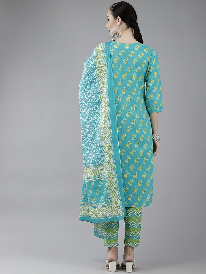 Turquoise Blue Printed Cotton Dupatta Set-Yufta Store-4779SKDSBM