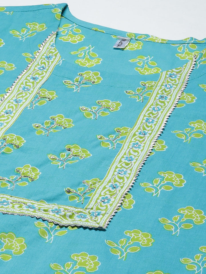 Turquoise Blue Printed Cotton Dupatta Set-Yufta Store-4779SKDSBM