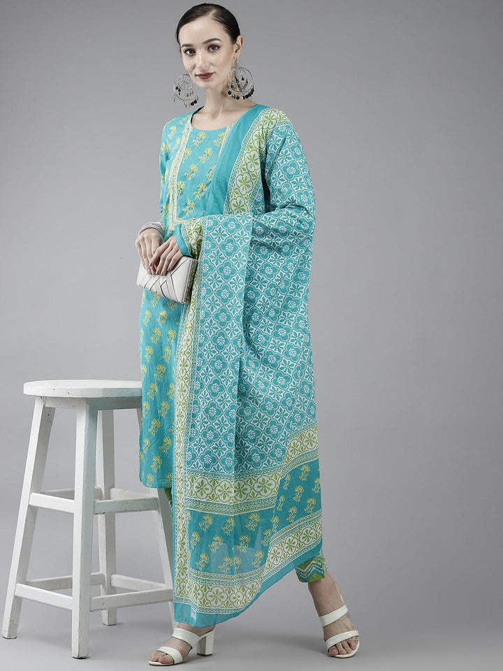 Turquoise Blue Printed Cotton Dupatta Set-Yufta Store-4779SKDSBM