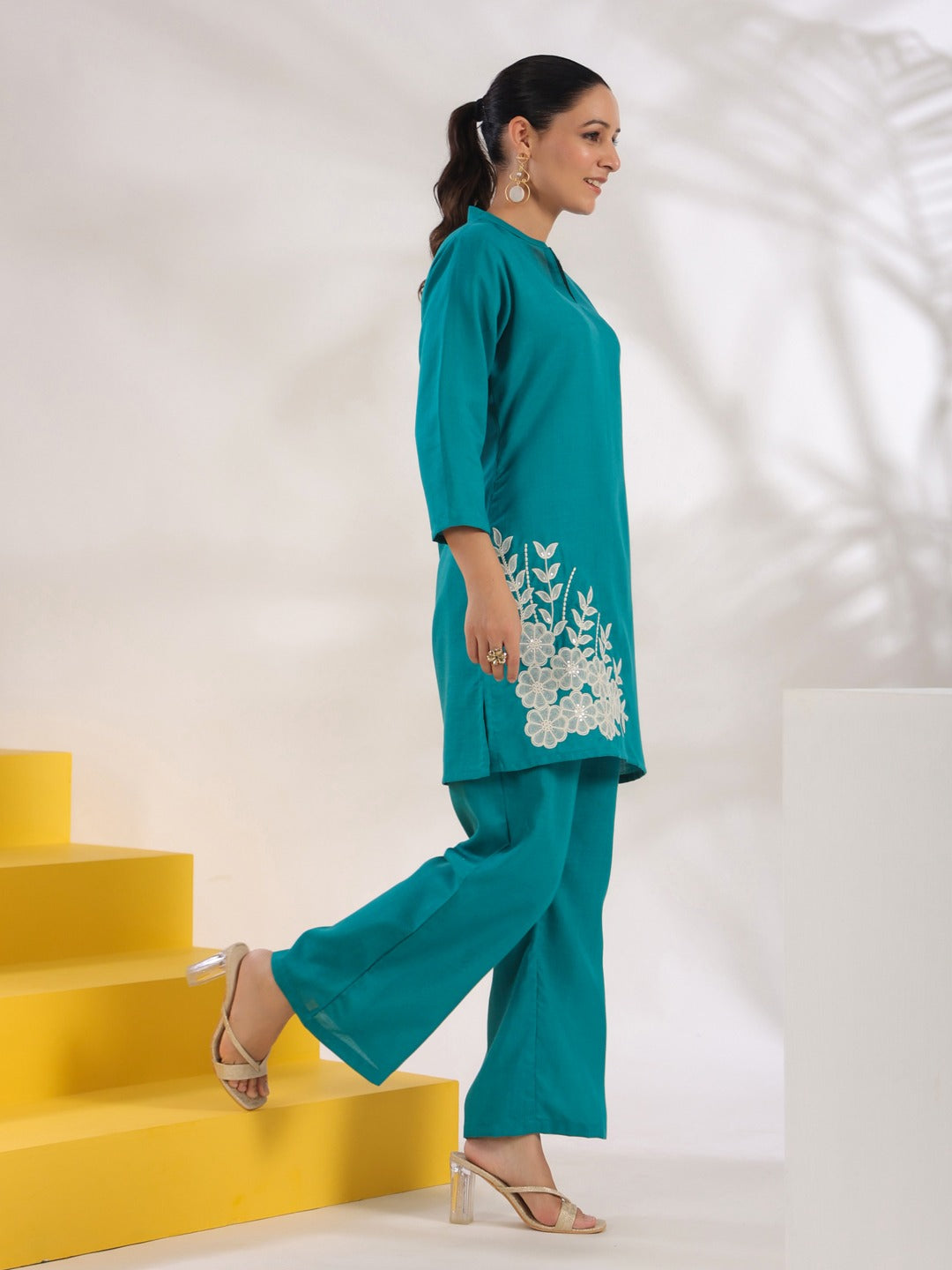 Turquoise Blue Straight Embroidered Co-ord set-Yufta Store-1630CRDTBS