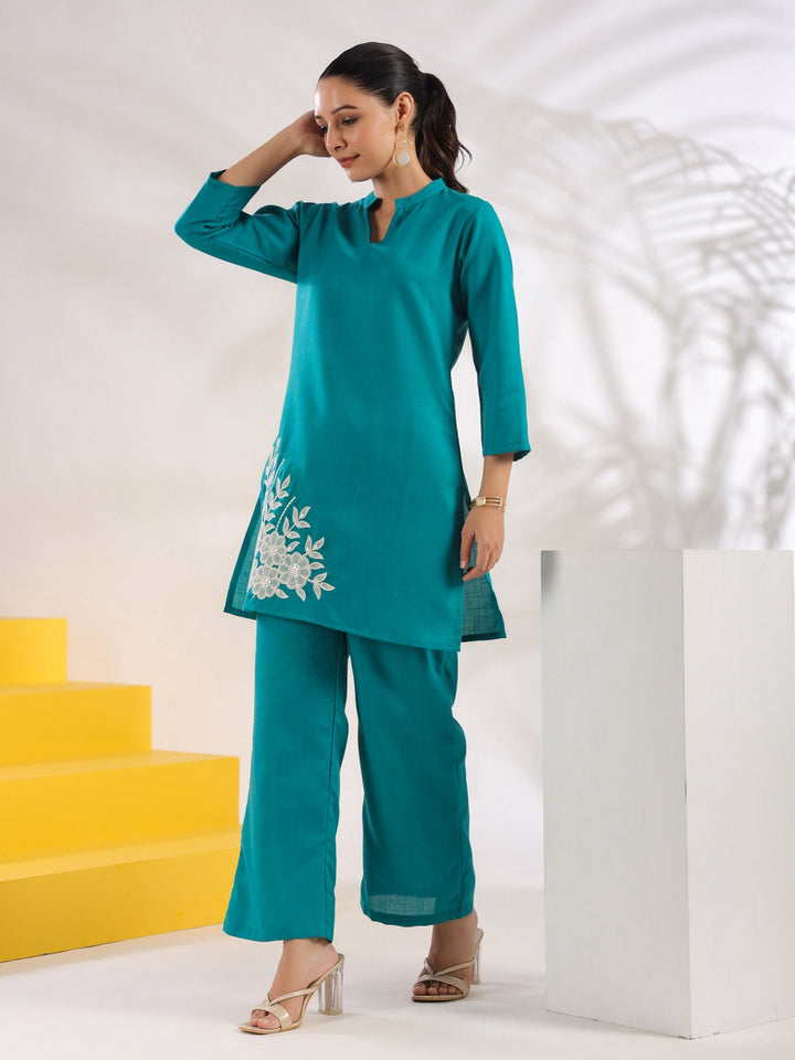 Turquoise Blue Straight Embroidered Co-ord set-Yufta Store-1630CRDTBS