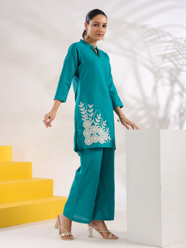 Turquoise Blue Straight Embroidered Co-ord set-Yufta Store-1630CRDTBS