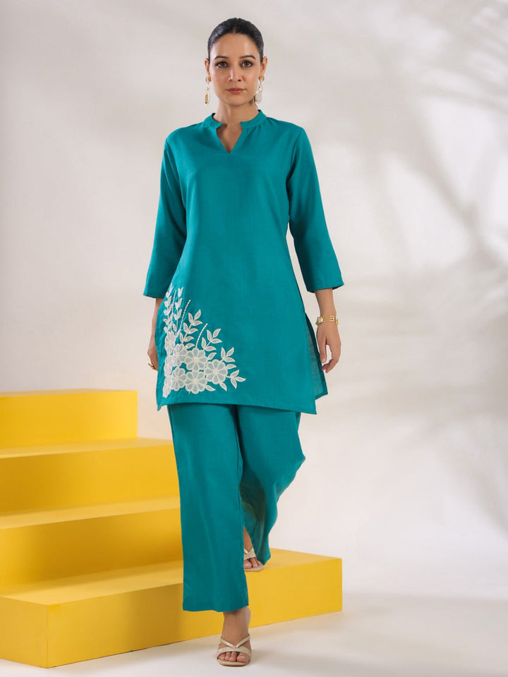 Turquoise Blue Straight Embroidered Co-ord set-Yufta Store-1630CRDTBS