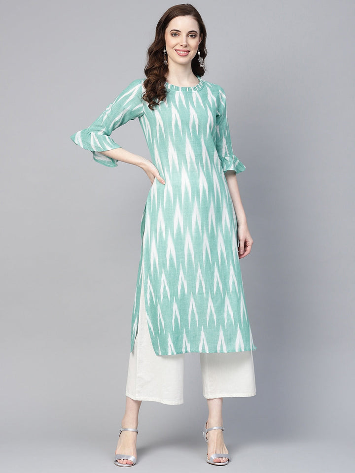 Turquoise Blue & White Straight Kurta-Yufta Store-YUFEKKU717GRS