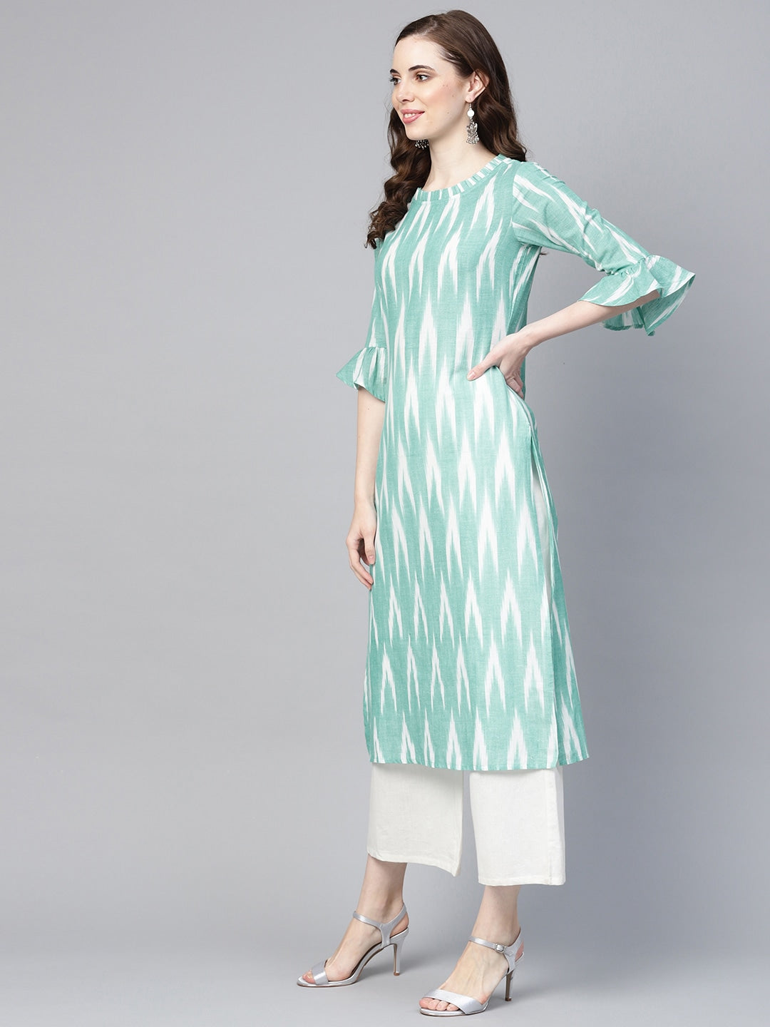 Turquoise Blue & White Straight Kurta-Yufta Store-YUFEKKU717GRS