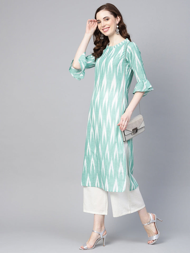 Turquoise Blue & White Straight Kurta-Yufta Store-YUFEKKU717GRS