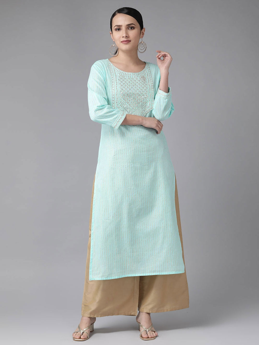 Turquoise Blue Yoke Design Kurta-Yufta Store-9476KURSBS