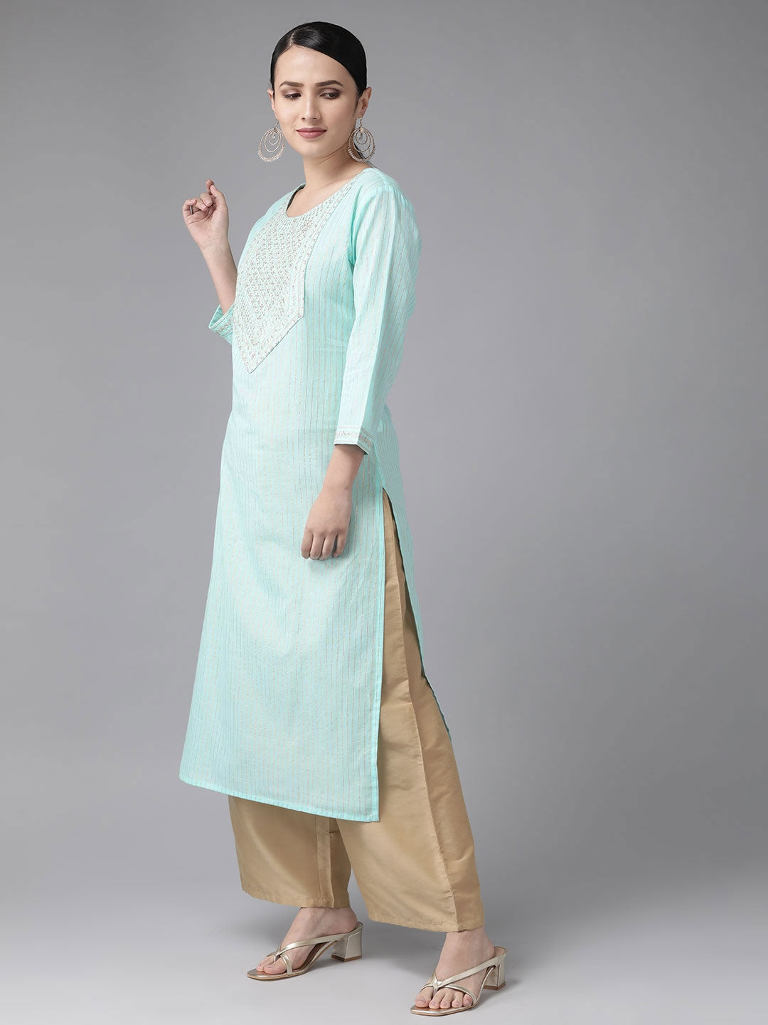 Turquoise Blue Yoke Design Kurta-Yufta Store-9476KURSBS