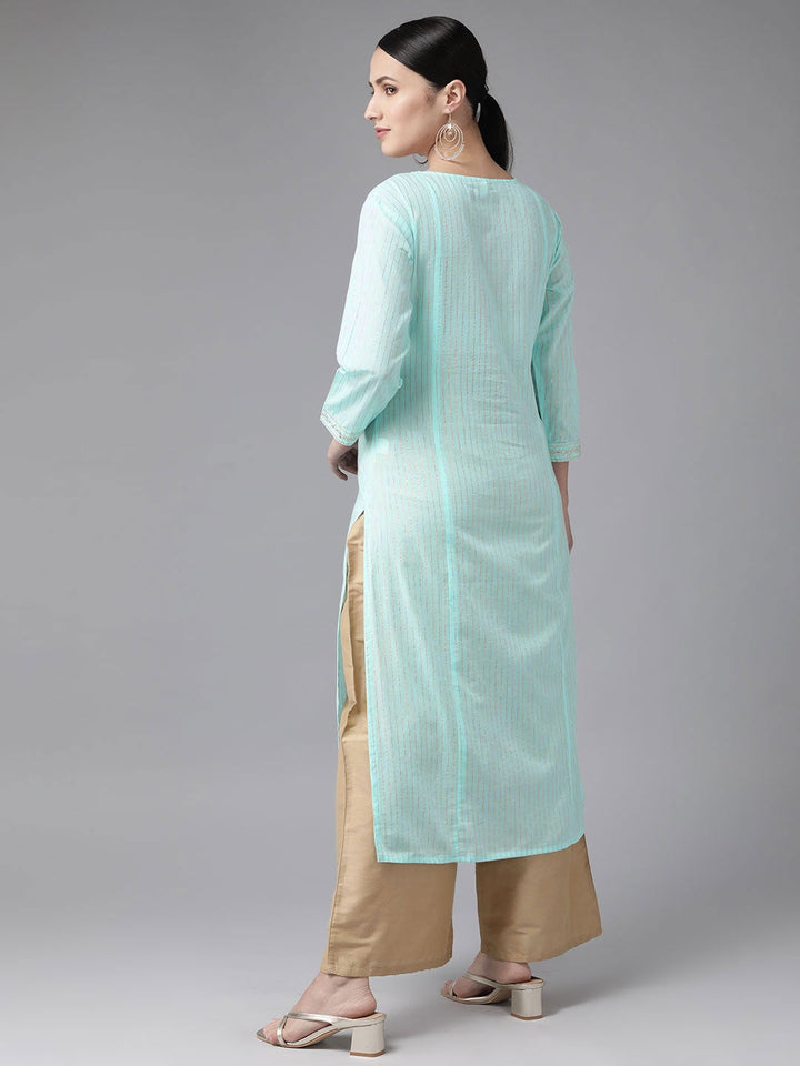 Turquoise Blue Yoke Design Kurta-Yufta Store-9476KURSBS