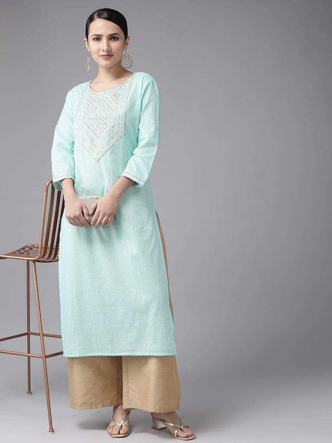 Turquoise Blue Yoke Design Kurta-Yufta Store-9476KURSBS