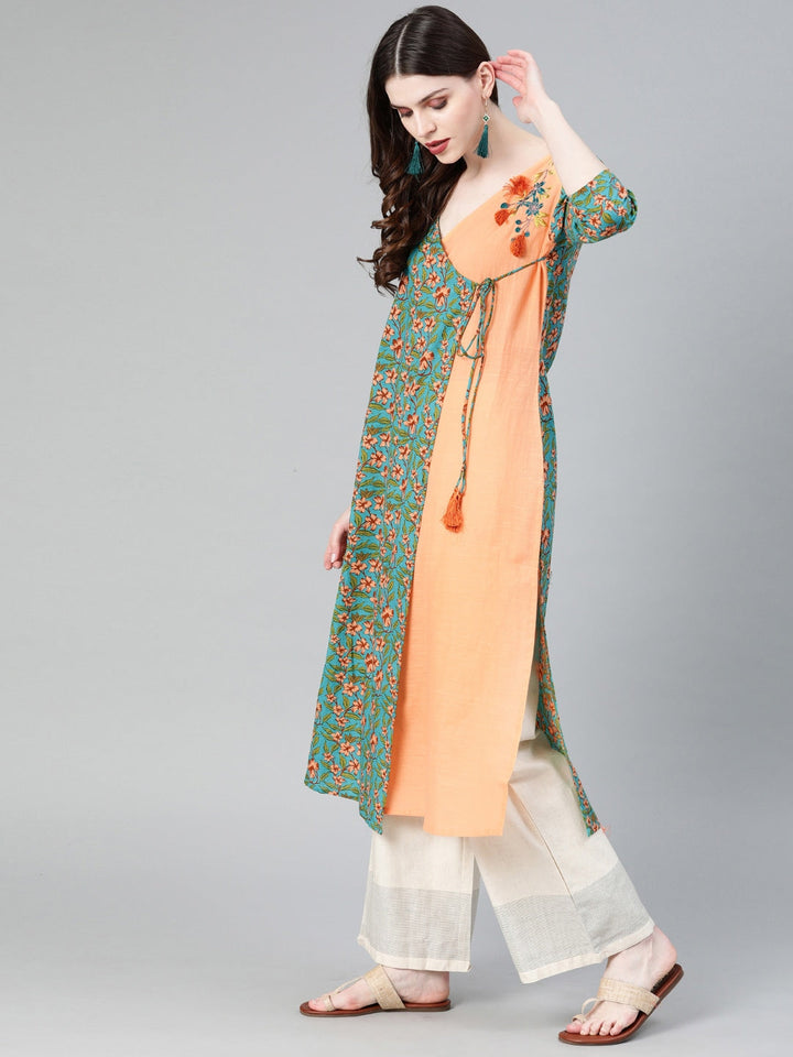 Turquoise & Peach A-Line Kurta-Yufta Store-1856KURGRS