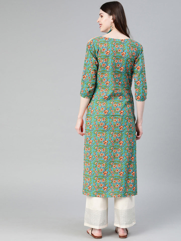 Turquoise & Peach A-Line Kurta-Yufta Store-1856KURGRS