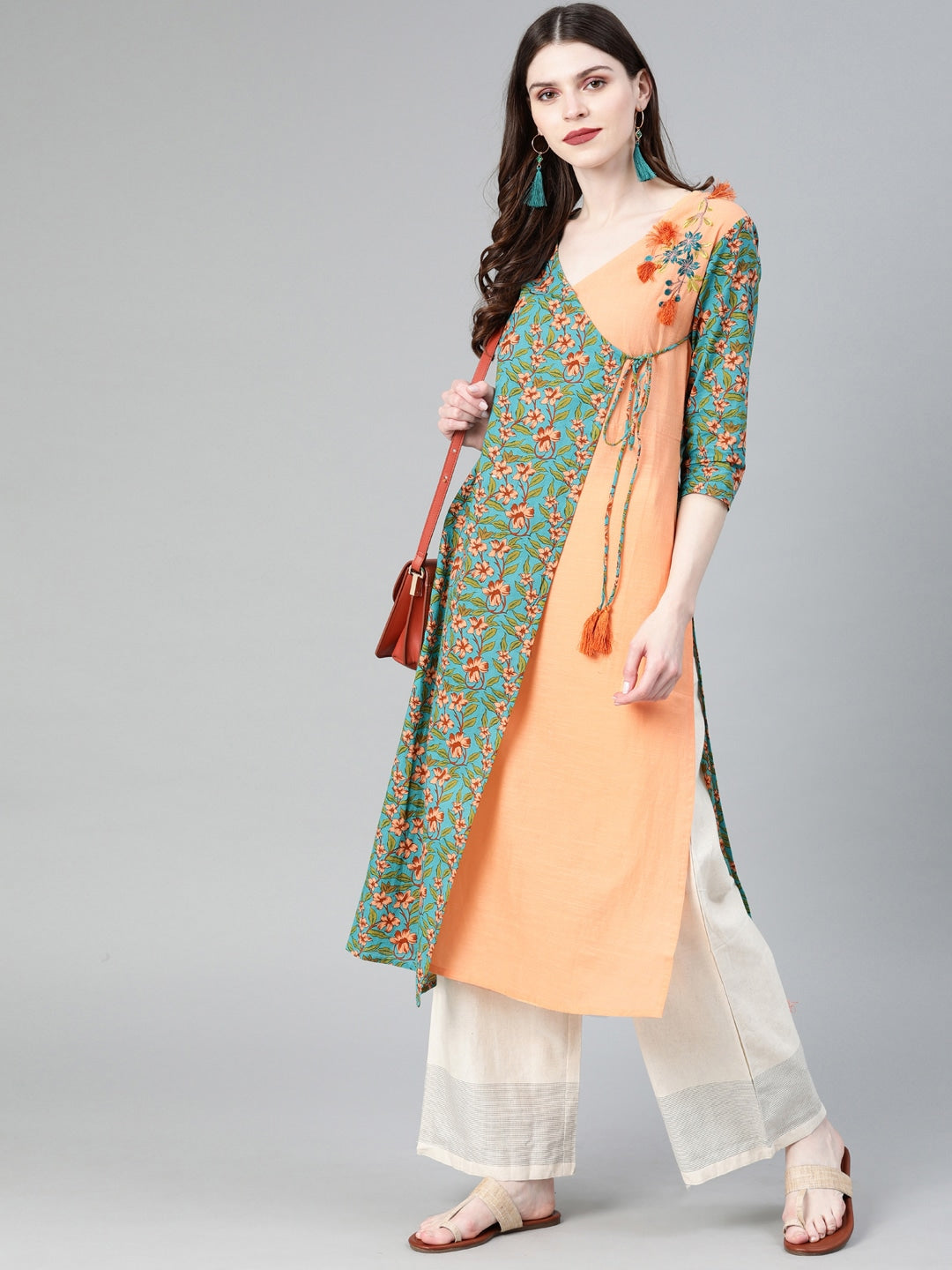 Turquoise & Peach A-Line Kurta-Yufta Store-1856KURGRS