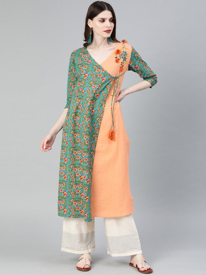 Turquoise & Peach A-Line Kurta-Yufta Store-1856KURGRS