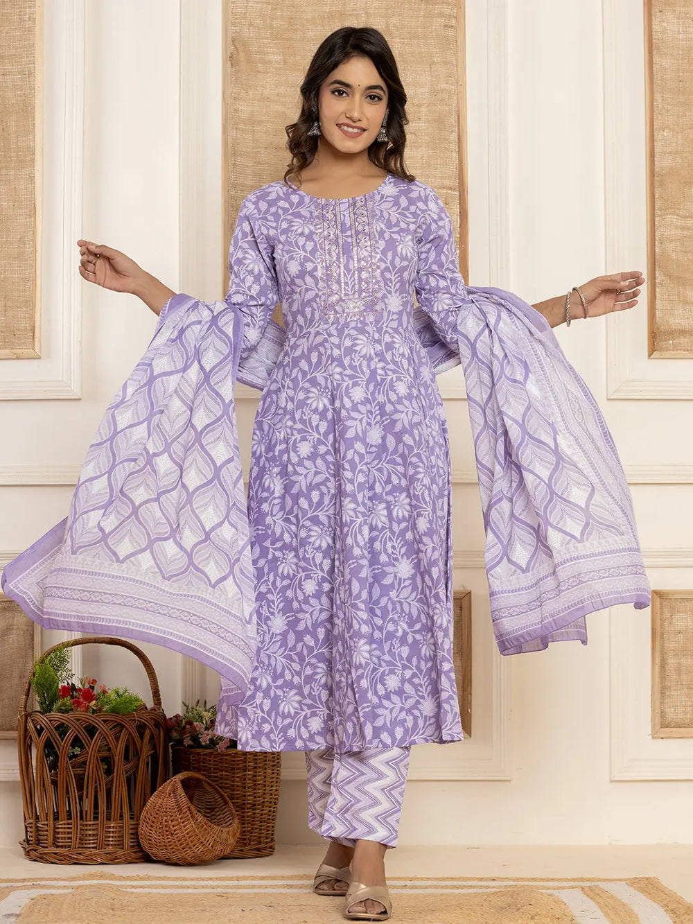 Violet Floral Print Anarkali Style Kurta And Trousers With Dupatta Set-Yufta Store-6995SKDVLS