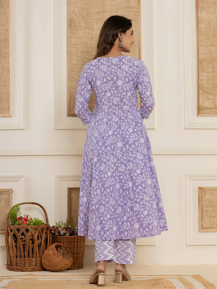 Violet Floral Print Anarkali Style Kurta And Trousers With Dupatta Set-Yufta Store-6995SKDVLS