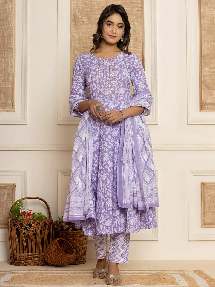 Violet Floral Print Anarkali Style Kurta And Trousers With Dupatta Set-Yufta Store-6995SKDVLS