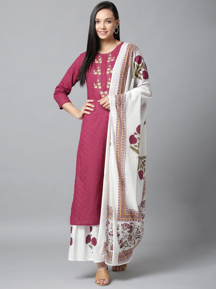 Voilet And White Embroidered Dupatta Set-Yufta Store-7577SETVLS