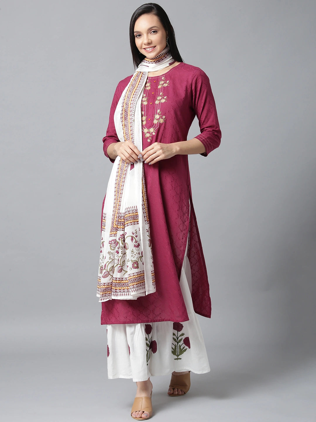 Voilet And White Embroidered Dupatta Set-Yufta Store-7577SETVLS