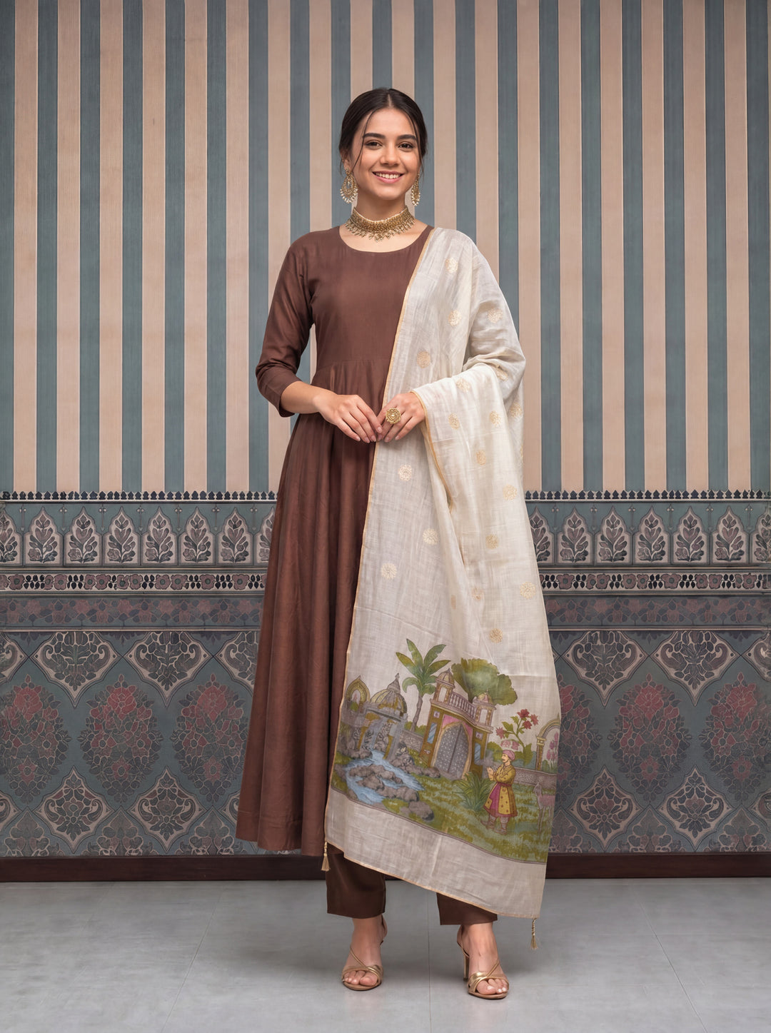 Brown Mul Chanderi Anarkali Kurta Pant Dupatta Set