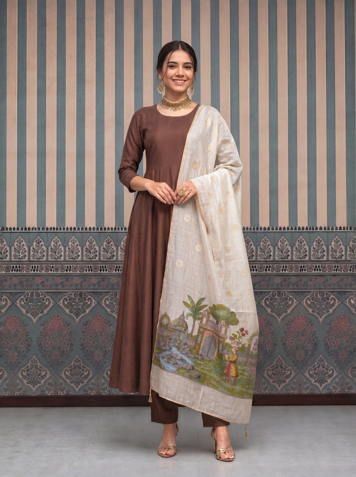 Brown Mul Chanderi Anarkali Kurta Pant Dupatta Set