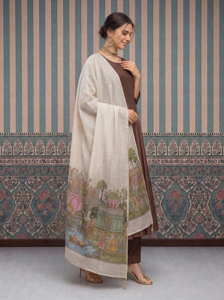 Brown Mul Chanderi Anarkali Kurta Pant Dupatta Set