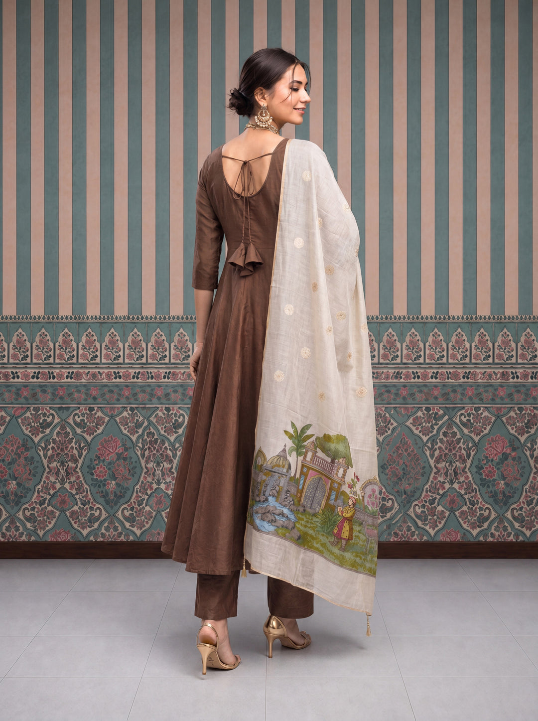 Brown Mul Chanderi Anarkali Kurta Pant Dupatta Set