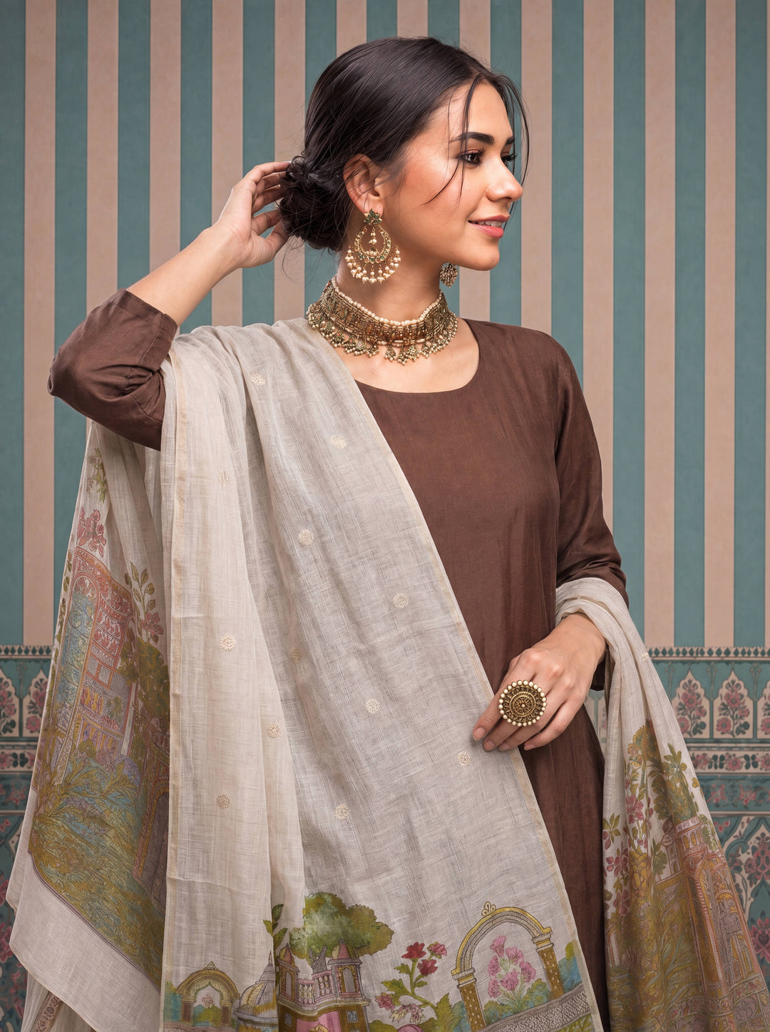 Brown Mul Chanderi Anarkali Kurta Pant Dupatta Set