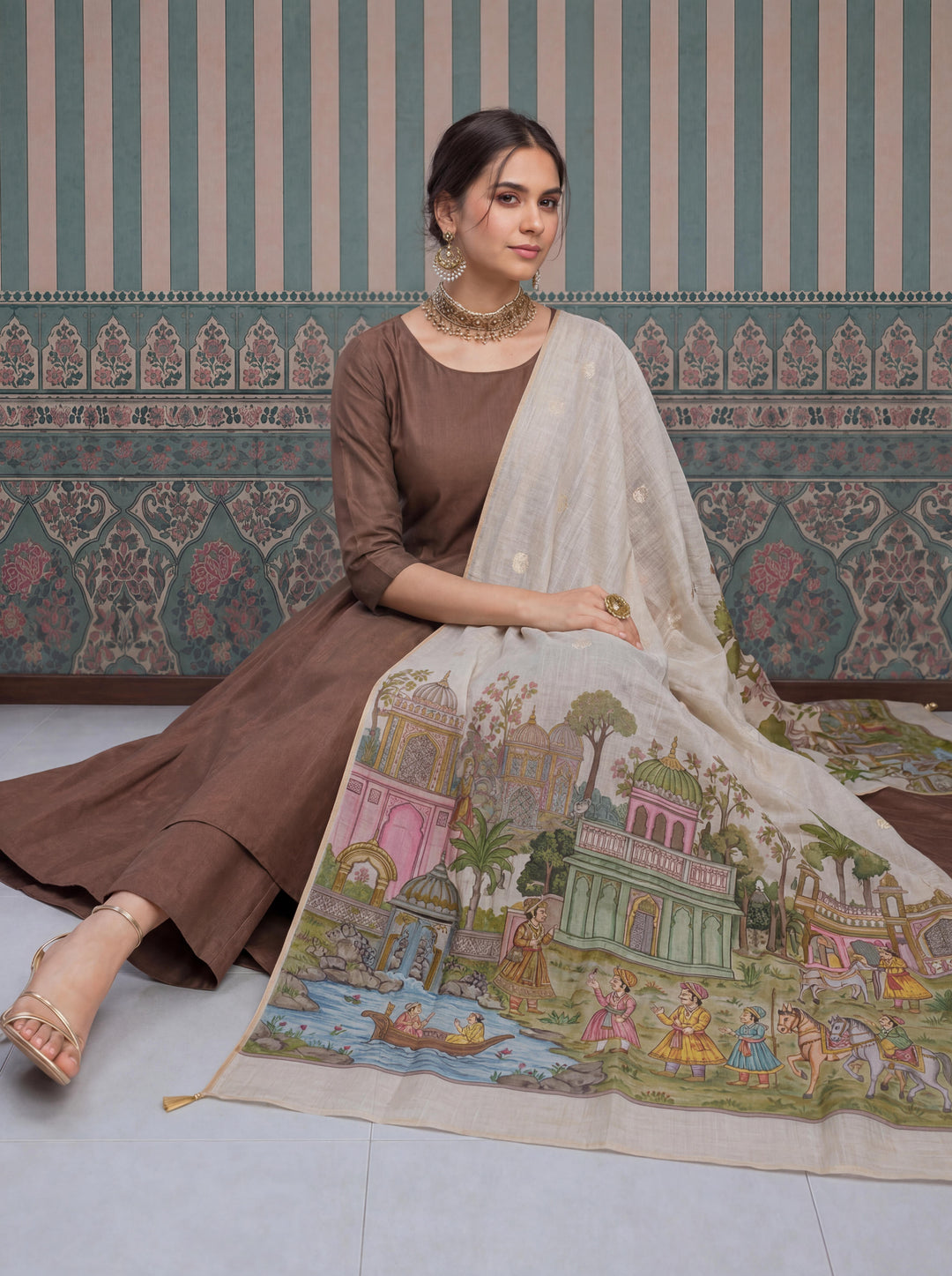 Brown Mul Chanderi Anarkali Kurta Pant Dupatta Set