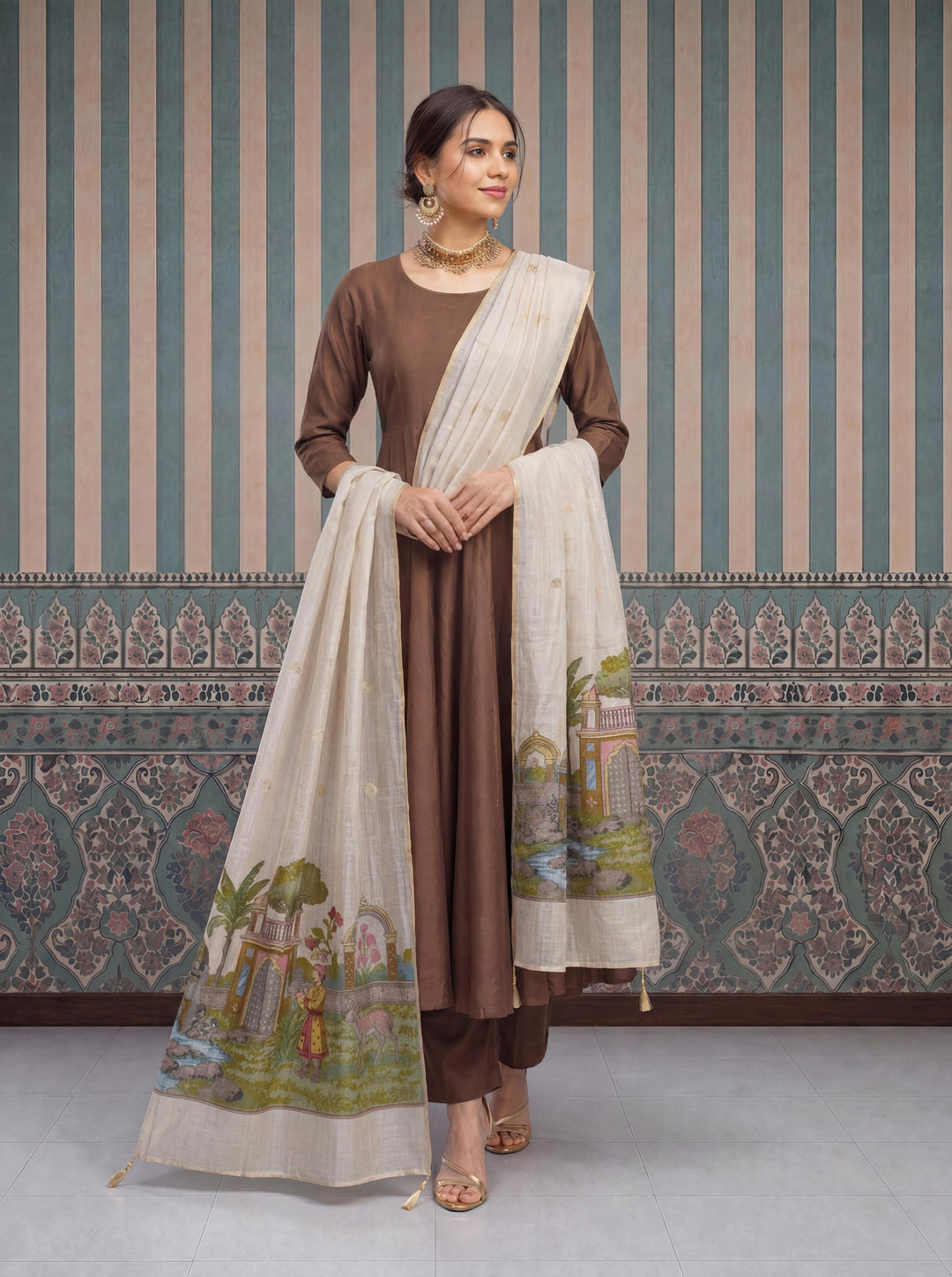 Brown Mul Chanderi Anarkali Kurta Pant Dupatta Set