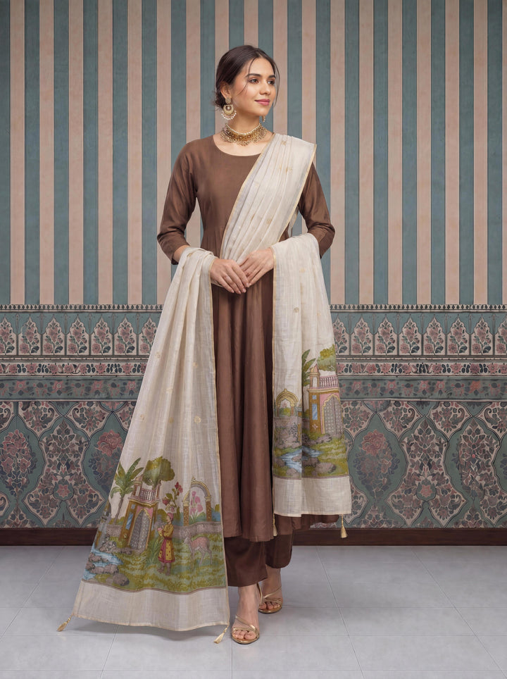 Brown Mul Chanderi Anarkali Kurta Pant Dupatta Set