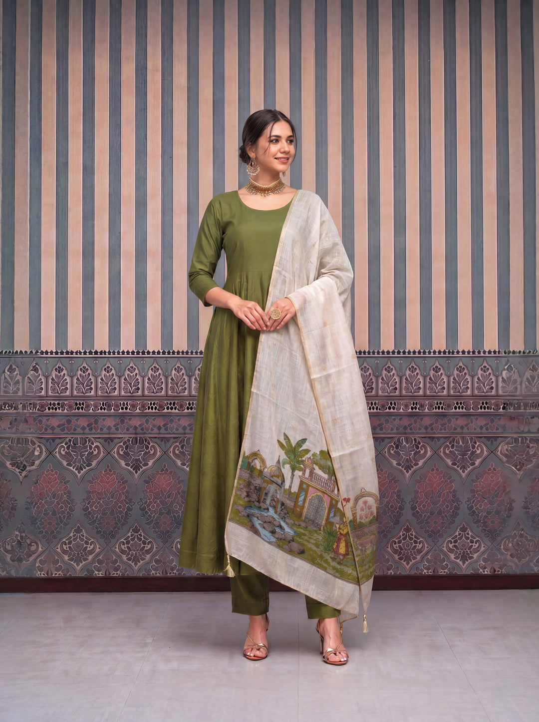Green Mul Chanderi Anarkali Kurta Pant Dupatta Set