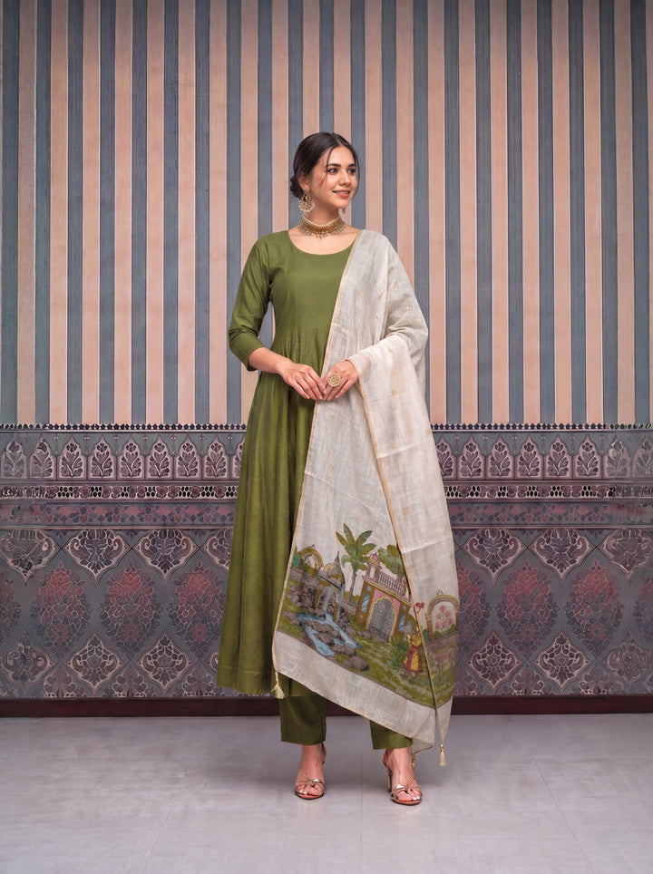 Green Mul Chanderi Anarkali Kurta Pant Dupatta Set
