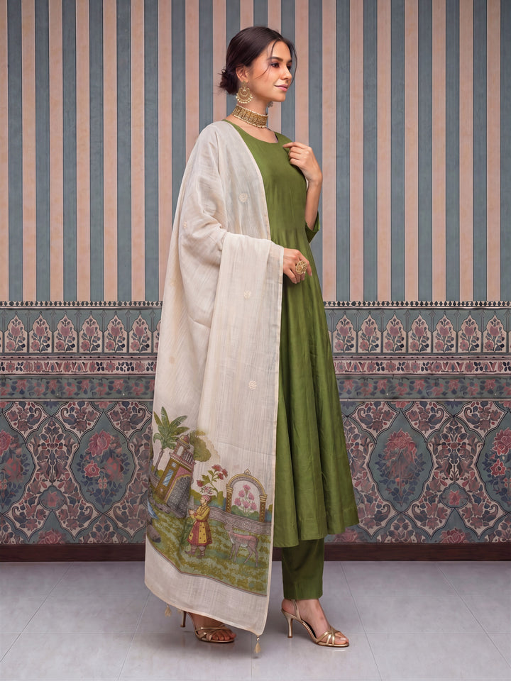Green Mul Chanderi Anarkali Kurta Pant Dupatta Set
