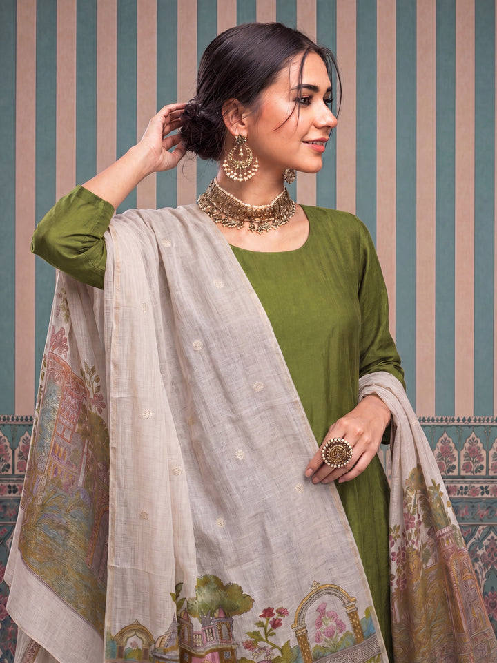 Green Mul Chanderi Anarkali Kurta Pant Dupatta Set
