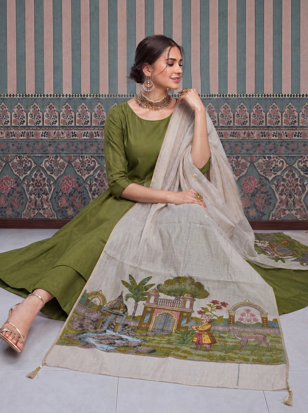 Green Mul Chanderi Anarkali Kurta Pant Dupatta Set